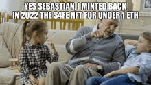 a man sits on a couch with two children and says yes sebastian i minted back in 2022 the safe nft