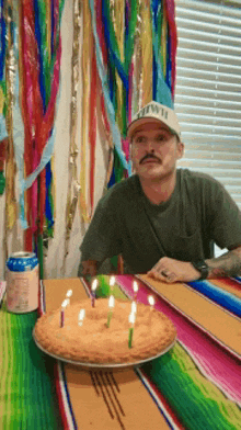 a man is sitting at a table with a birthday cake and candles