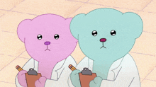 two teddy bears wearing lab coats are holding clipboards and pencils