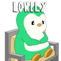 a cartoon penguin is sitting in a chair with the word lonely above him