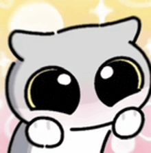 a close up of a cartoon hamster with big eyes and a pink background .