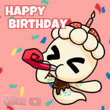 a happy birthday greeting card with a cartoon character holding a horn