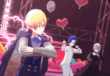a group of anime characters are standing on a stage with balloons in the shape of hearts in the background