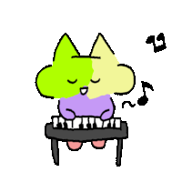 a drawing of a cat playing a piano with a green cloud on its head