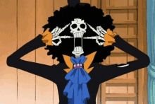 a cartoon character with a skeleton head and hands covering his eyes