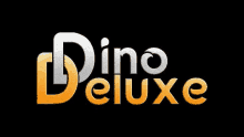 a logo for dino deluxe is displayed on a black background