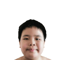 a young boy without a shirt looks at the camera with a smile on his face