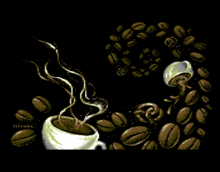 a cup of coffee surrounded by coffee beans with a jellyfish coming out of it