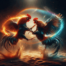 a painting of two roosters standing next to each other in the sand