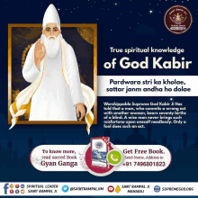 a poster with a picture of a man with a beard titled true spiritual knowledge of god kabir