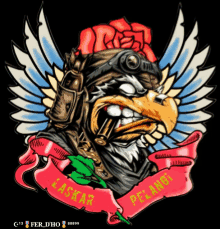 a drawing of an eagle wearing a helmet and goggles with a banner that says laskar pelangi