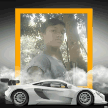 a picture of a boy in front of a white sports car with a yellow frame that says pixiz