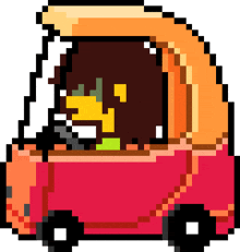 a pixel art drawing of a red car with bart simpson driving it