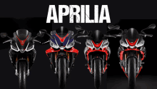 four different aprilia motorcycles are lined up in a row