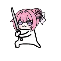 a little girl with pink hair is holding a sword in her hand .