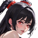 a girl with long black hair and red eyes is wearing a ponytail and a flower in her hair .