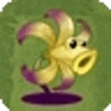 a cartoon illustration of a yellow and purple flower with a purple stem and mouth .