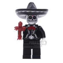 a day of the dead lego minifigure is wearing a sombrero and holding a sword .