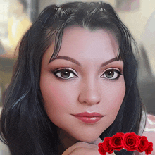 a close up of a woman 's face with a wreath of red roses in the background