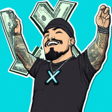 a man in a black shirt with the letter x on it is holding a pile of money