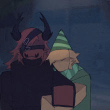 a drawing of a man wearing a party hat and a man with horns