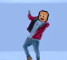 a man in a red jacket is dancing with a pixelated face on his face