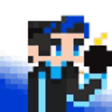 a pixel art of a person with blue hair holding a torch