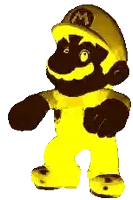 a black and yellow cartoon character with a m on his hat is standing in front of a white background .