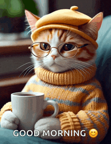 a cat wearing glasses and a sweater is holding a cup of coffee with the words good morning below it