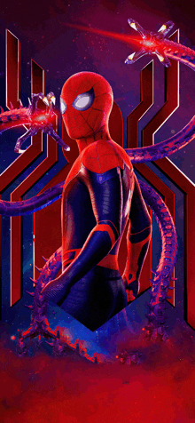 a poster of spider-man with purple tentacles and a red background