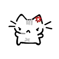 a black and white drawing of a cat with an angry face and a red bow on its head .