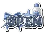 a blue and white sign that says open with a starfish and a bottle