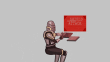 a cartoon of a knight sitting in front of a screen that says shield attack