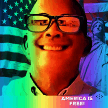 a man wearing glasses is smiling in front of an american flag