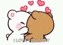 a couple of teddy bears hugging with the words i love you tony