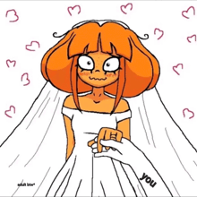 a cartoon of a woman in a wedding dress holding a man 's hand
