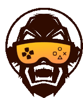 a logo of a man with a beard wearing headphones and a controller