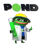 a cartoon frog holding a test tube with the word pond in the background