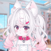 a girl with white hair and pink ears is wearing a pink collar with a g on it