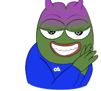 a cartoon drawing of a frog with purple horns and a blue shirt with the letter ca on it