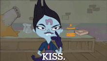 a cartoon character says kiss in front of a table with books