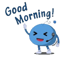 a cartoon character says good morning with a headset on