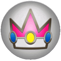 a silver circle with a pink and yellow crown in the center