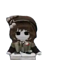 a doll with brown hair and a hat is sitting on a pile of papers