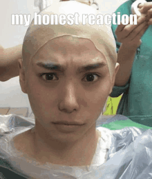 a man with a wig on his head has the words " my honest reaction " below him