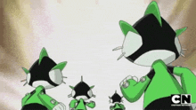 three green and black cartoon characters are standing next to each other with the cn logo in the corner