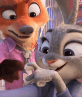 a fox and a rabbit from zootopia are looking at each other