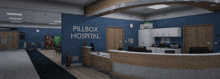 the inside of a pillbox hospital with a blue wall