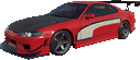 a red sports car with a black hood and a white stripe on the side .