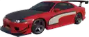 a red sports car with a black hood and a white stripe on the side .